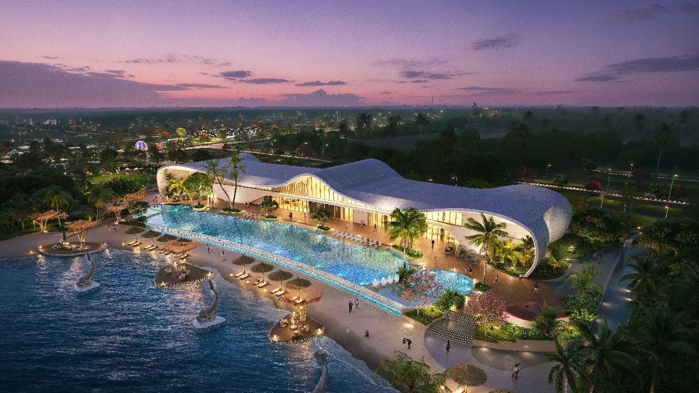 Artist's impression of the Marina Clubhouse and man-made beach at HoABL Nagpur Marina at dusk