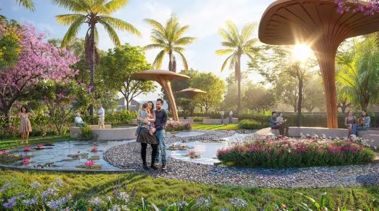 Artist's impression of the Serenity Zone: a family in landscaped gardens beside a lily pond