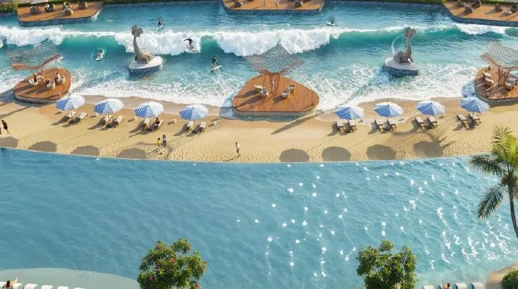 Artist's impression of the Waterfront Zone: wave pool, beach cabanas and lazy river